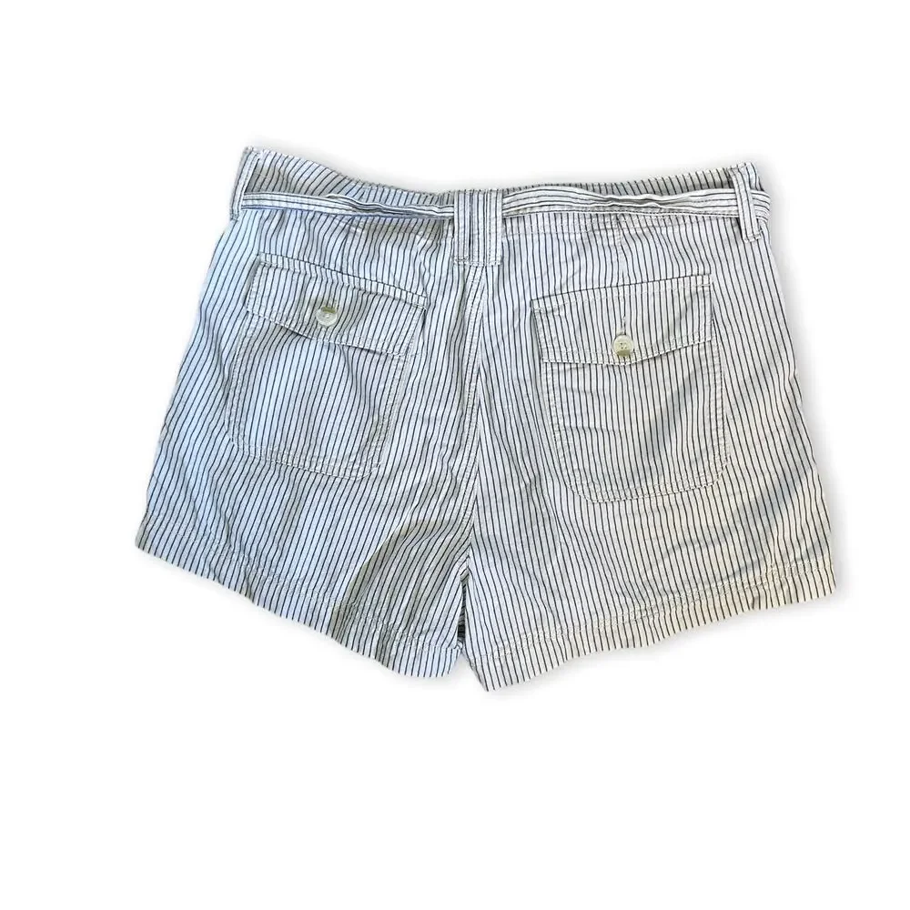 American Eagle Womens Shorts Size 12 Cream Blue Pinstripe Hi-Rise High Rise Belt